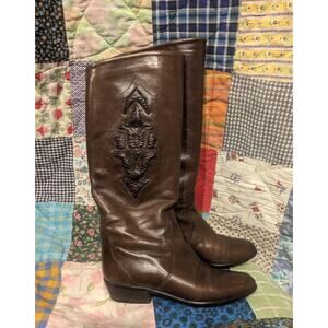 Vintage 1980's chocolate Brown cognac Leather Reptile Inlay Knee High tall boot